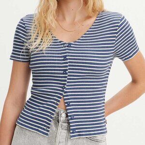 Levi’s Waffle Knit Stretch Short Sleeve Top Large Strip Blue White Casual